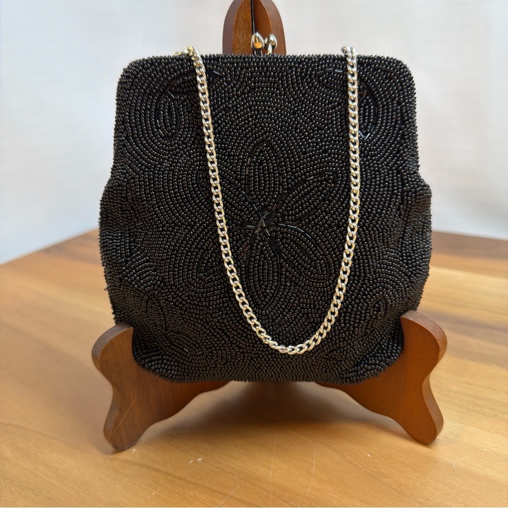 VTG Bag by Debbie Hand‎ Made Black Beaded Evening Bag Purse Made In Japan
